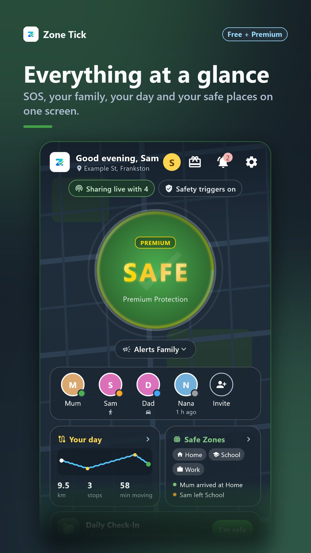 The new home screen: SOS, family, your day and safe places