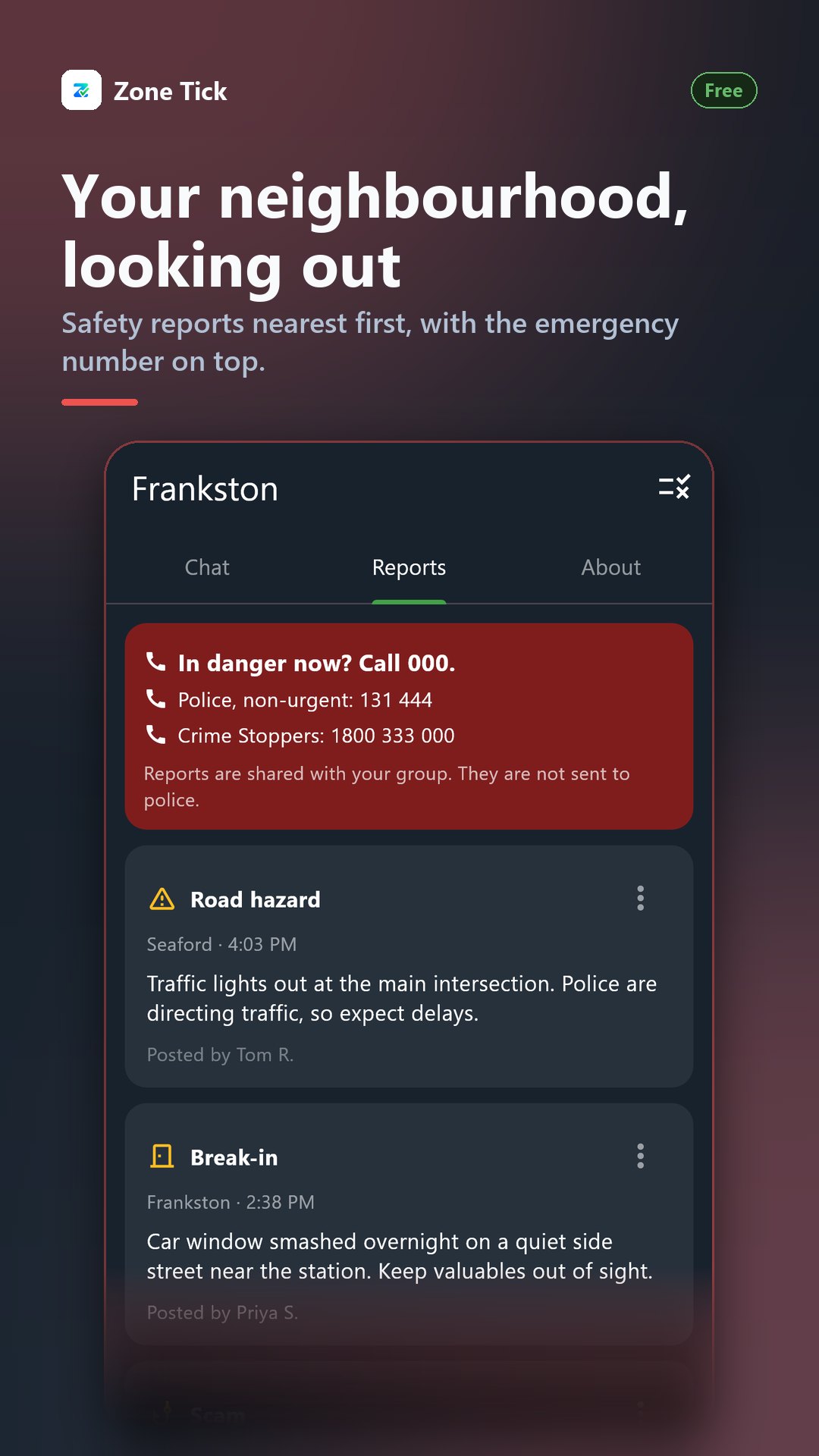 Community safety reports in a local group, nearest first, with emergency numbers on top